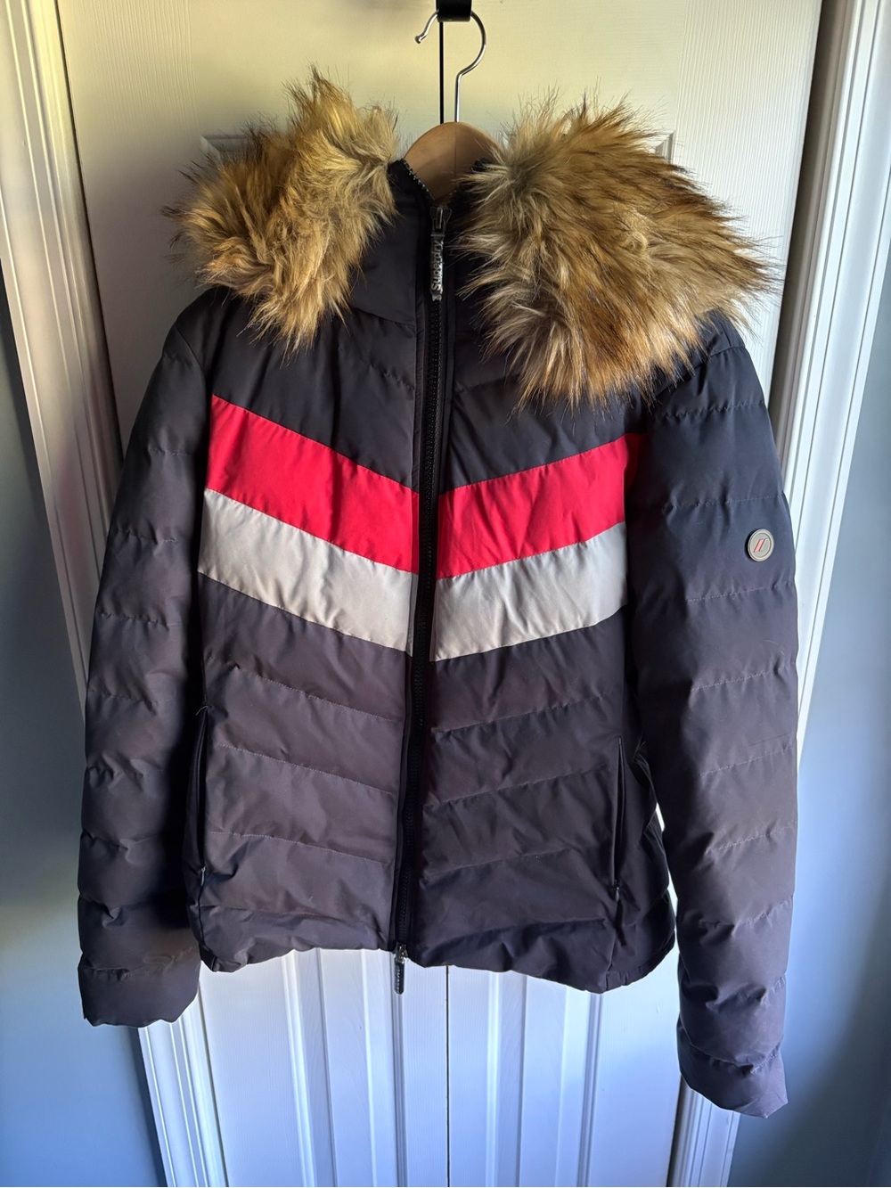 Superdry Womens Arctic Retro Puffer Jacket Navy Red Winter Coat Size 10